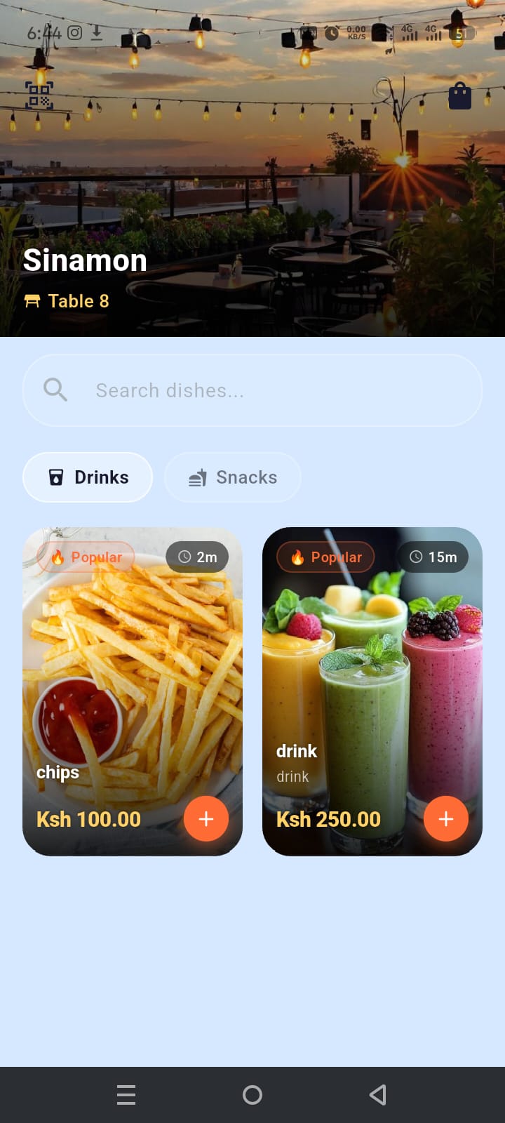 Digital menu screen in Hotelz app